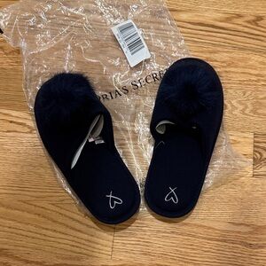 Victoria's Secret Navy Slippers with Pom Poms
